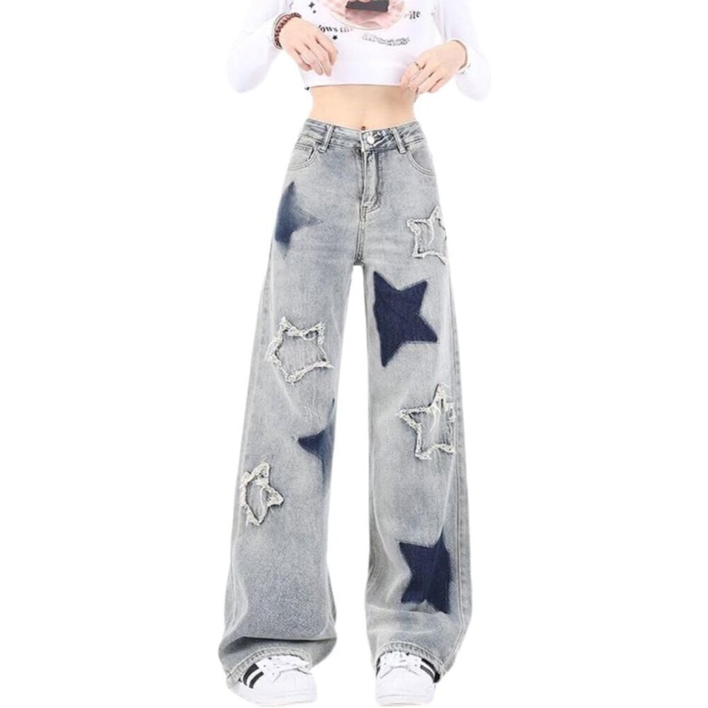 Women Girls Star Patchwork Jeans High Waist Straight Leg Casual Denim